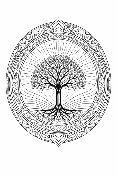 Heilige Baum im Mandala-Rahmen