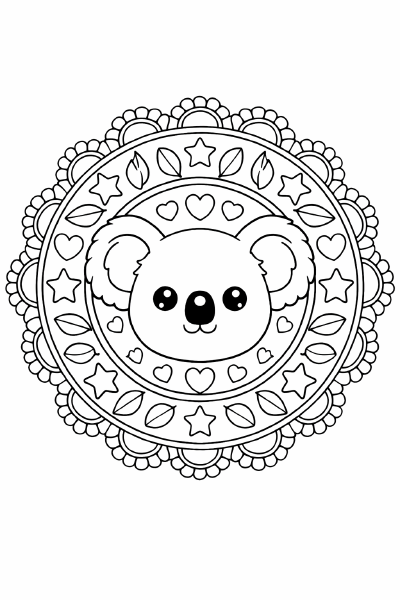 Koala-Mandalazeichnung mit Eukalyptusblättern