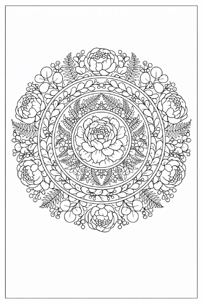 Botanisches Mandala mit Pfingstrosen