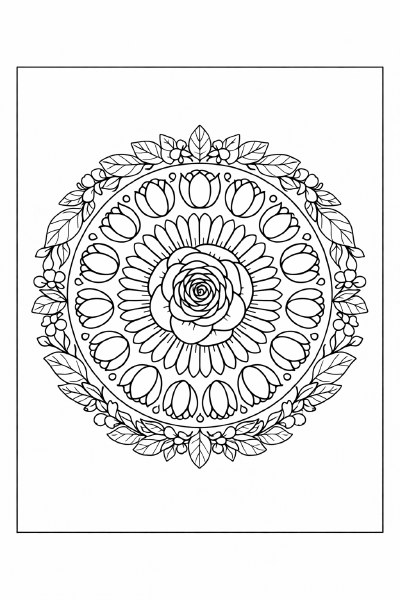 Schwarz-weiße Mandala-Blütenillustration
