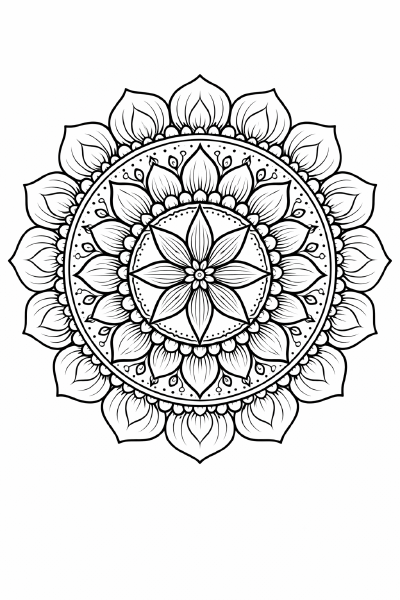 Schwarze Mandala-Blume auf weißem Hintergrund