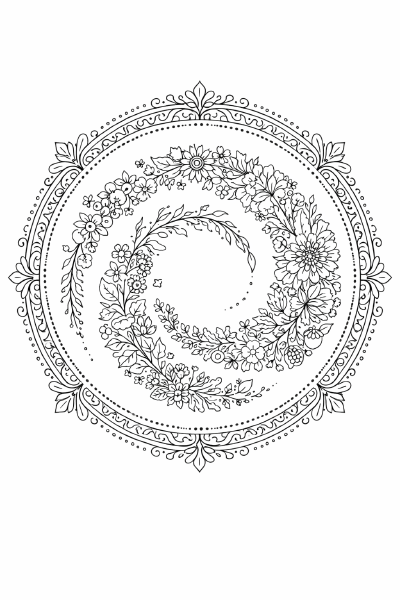 Blumenkranz Jahreszeiten-Mandalablume in Schwarz-Weiß
