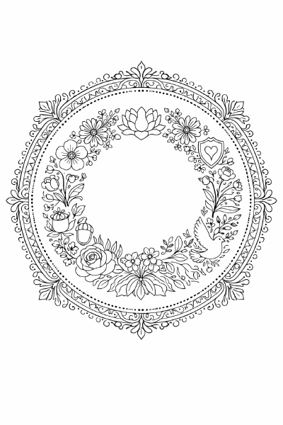 Blumenkranz Symmetrische Blumenmandala in Schwarz-Weiß