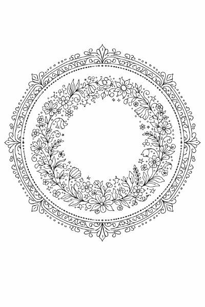 Blumenkranz Symmetrisches Blumenmandala in Schwarz-Weiß