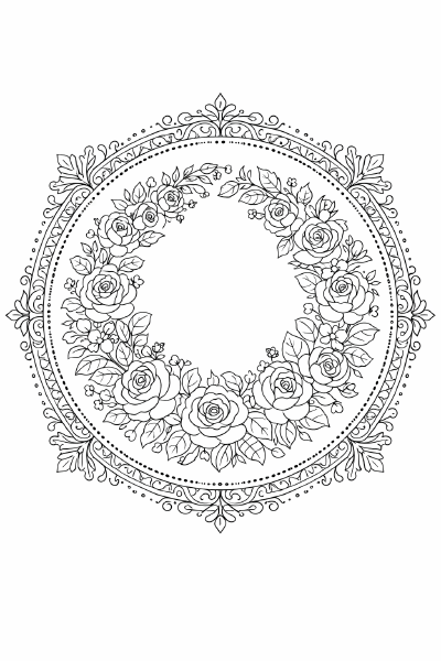 Symmetrische Rosenkranz-Illustration in Schwarz-Weiß