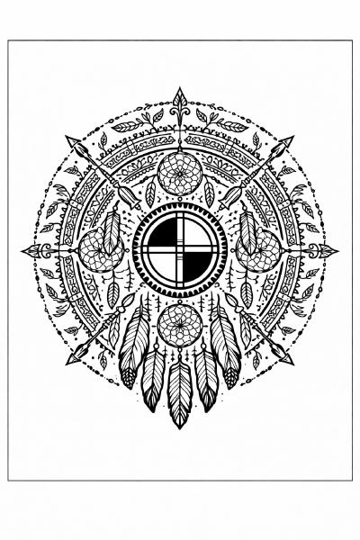 Ethno Traditionelles indianisches Mandala mit Federn