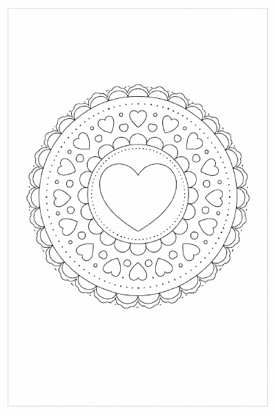 Symmetrisches Herz-Mandala in Schwarz-Weiß