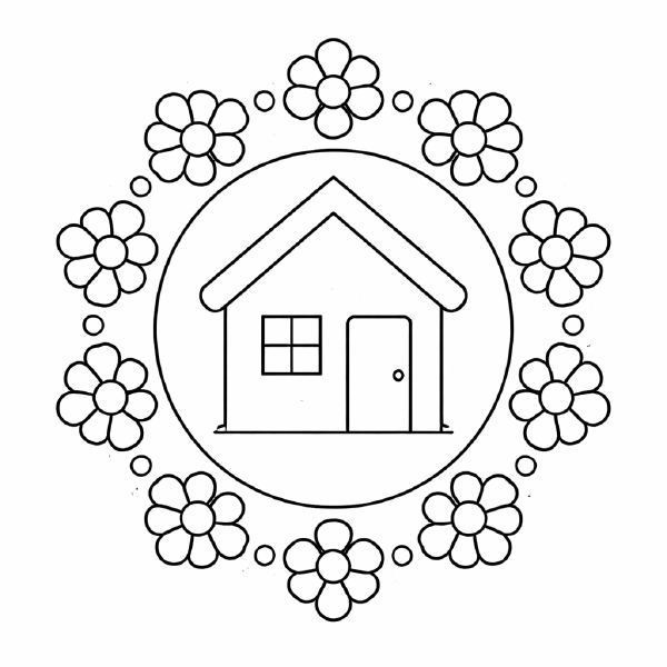 Kindermandala Haus im Blumenmuster Mandala