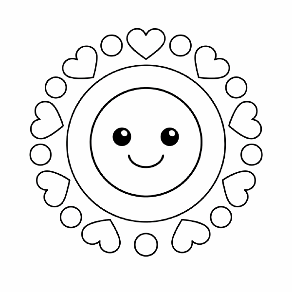 Kindermandala Lächelndes Mandala mit Herzen und Kreisen