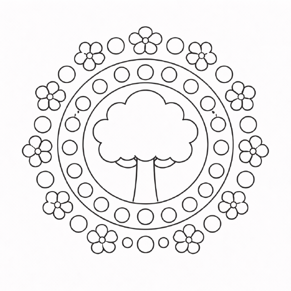 Kindermandala Symmetrisches Mandala mit Baum und Blumen
