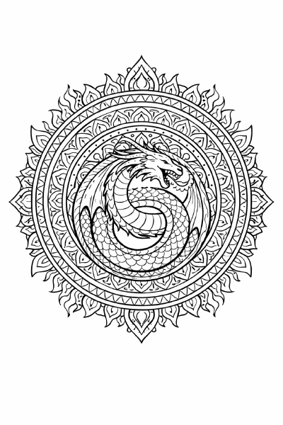 Tier Drachenmandala in scharfen Linien