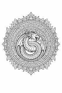 Tier Drachenmandala in scharfen Linien