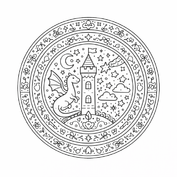 Schule Fantastische Mandala mit Drachen und Schloss