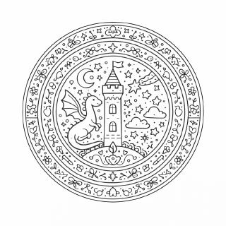 Schule Fantastische Mandala mit Drachen und Schloss