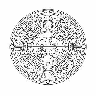 Schule Jahreszeiten Mandala in Schwarz-Weiß