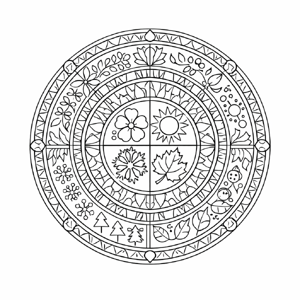Schule Jahreszeiten Mandala in Schwarz-Weiß