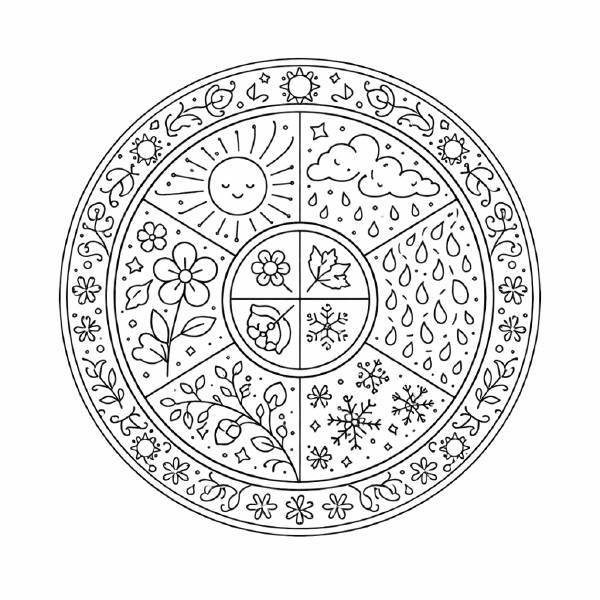 Schule Jahreszeiten-Mandala in Schwarz-Weiß