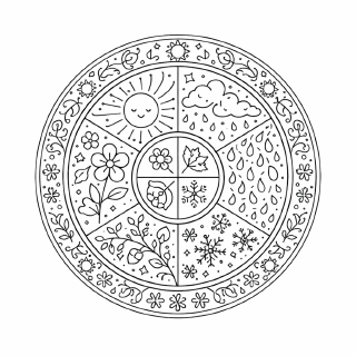 Schule Jahreszeiten-Mandala in Schwarz-Weiß