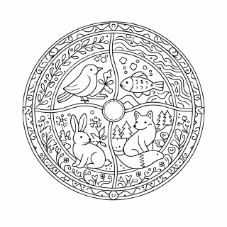 Schule Mandala mit vier Tieren und Natur