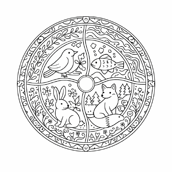 Schule Mandala mit vier Tieren und Natur