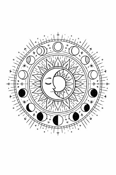 Boho Sonnen- und Mondmandala mit Mondphasen