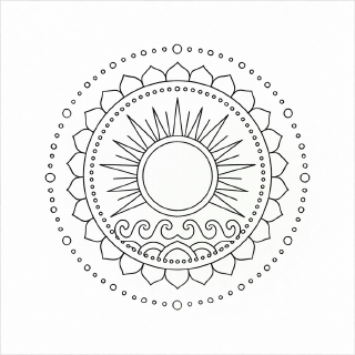 Symmetrisches Mandala mit Sonnensymbolen