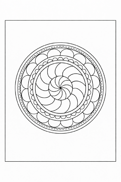 Spiralisierte Mandala-Blume in Schwarz-Weiß