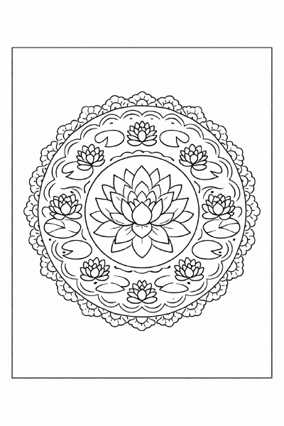 Eleganter Lotusgarten Mandala Ausmalbild (1)