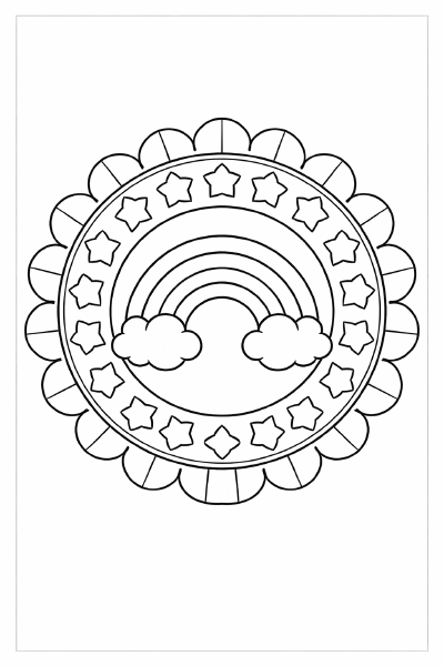 Regenbogenmandala mit Sternen und Blüten