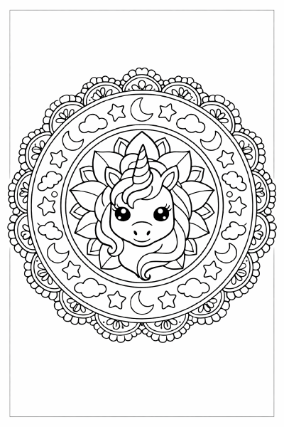 Symmetrisches Mandala mit Einhornkopf