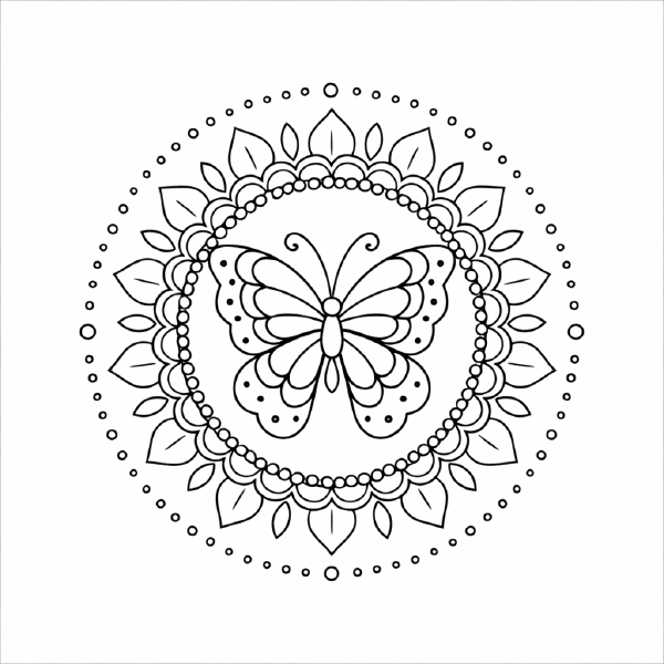 Symmetrisches Schmetterling-Mandala in Schwarz-Weiß