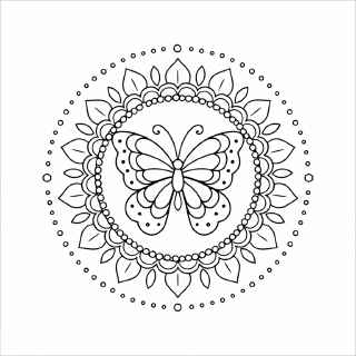 Symmetrisches Schmetterling-Mandala in Schwarz-Weiß