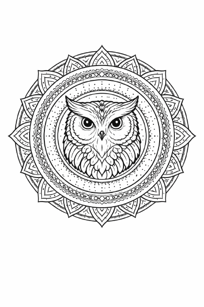 Tier Uhu im Zentrum eines Mandalas
