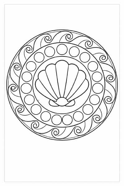 Symmetrisches Mandala mit Muschel und Wellen
